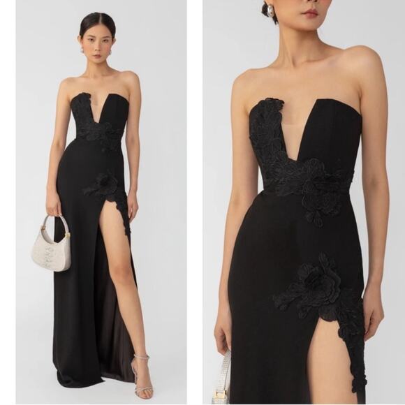 SAU LEE Florence Black Floral Appliqué Strapless Maxi Dress Size 0 - Picture 2 of 10